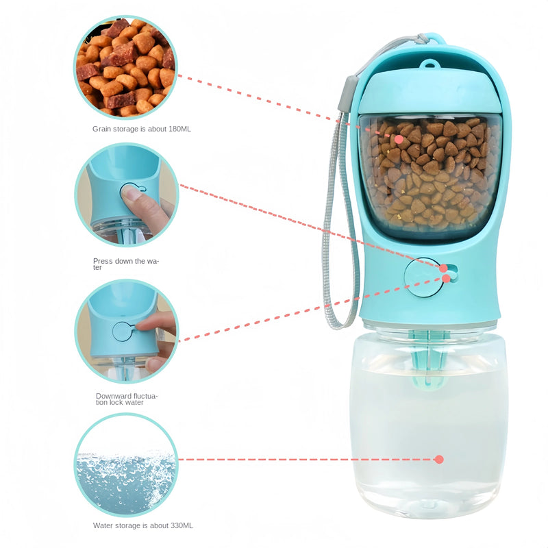 Garrafa de água portátil para cães e gatos com armazenamento de alimentos